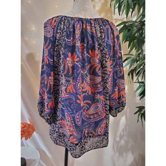 Chaps X Ralph Lauren Paisley Boho 3/4 Sleeve V-Neck Button Blouse Size XL Hippie - Picture 3 of 10